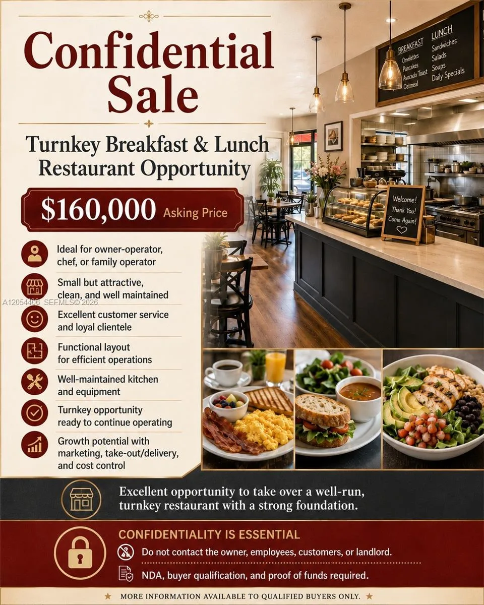 Confidential Turnkey Breakfast & Lunch Restaurant, Miami FL 33165